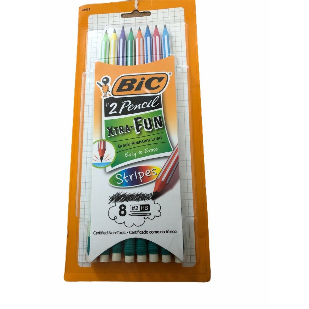 BIC Xtra Fun 2 HB Pencils Striped Durable Leads & Latex Free‎ Erasers Pack Of 8